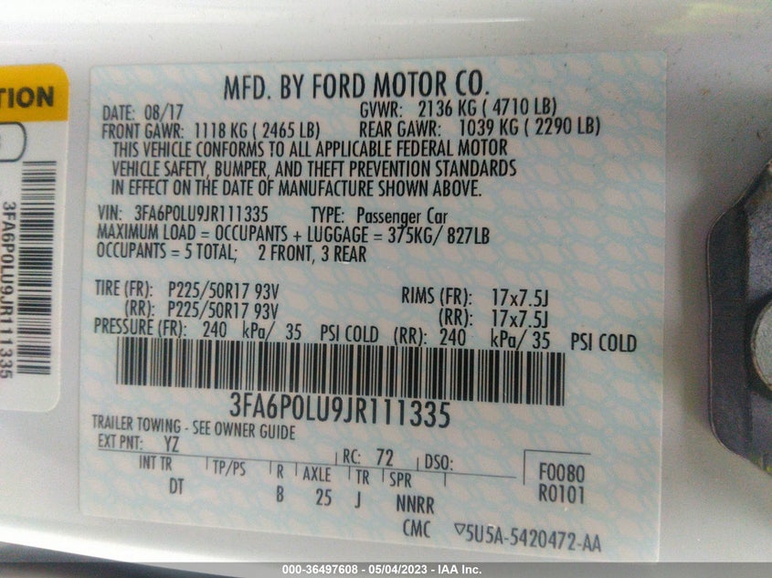 VIN 3FA6P0LU9JR111335 2018 FORD FUSION HYBRID SE