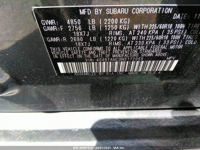 2022 SUBARU OUTBACK LIMITED - 4S4BTANC3N3172050
