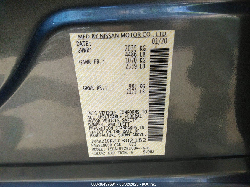 VIN 1N4AZ1BP2LC302182 2020 NISSAN LEAF S