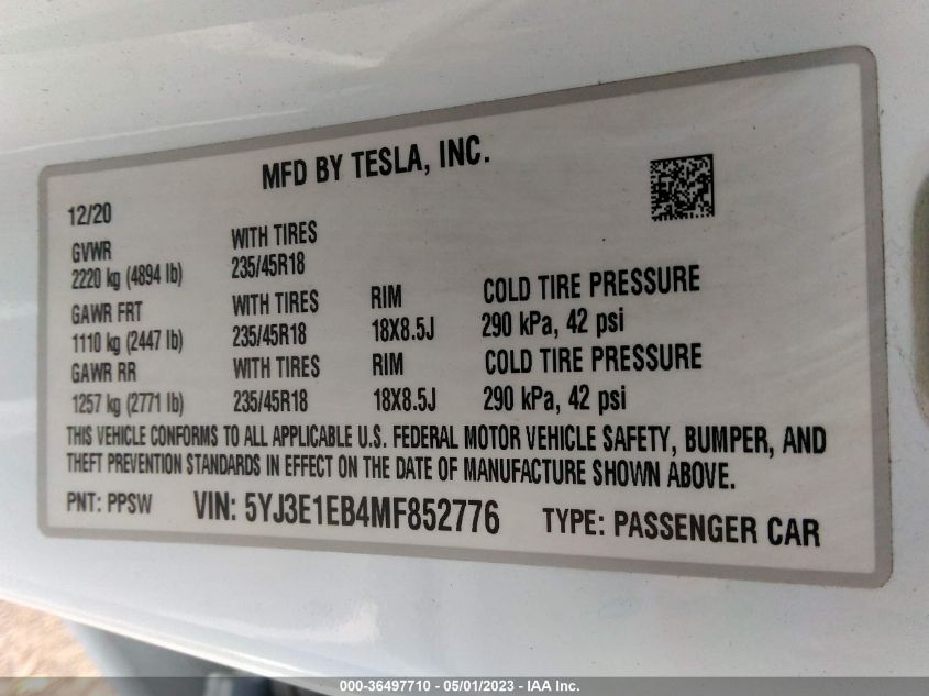 2021 TESLA MODEL 3 LONG RANGE - 5YJ3E1EB4MF852776