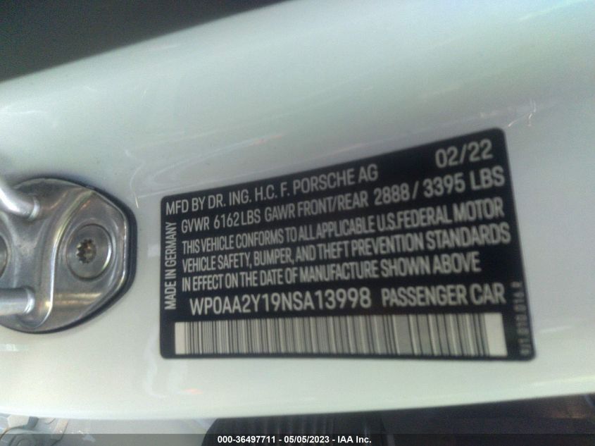 2022 PORSCHE TAYCAN - WP0AA2Y19NSA13998