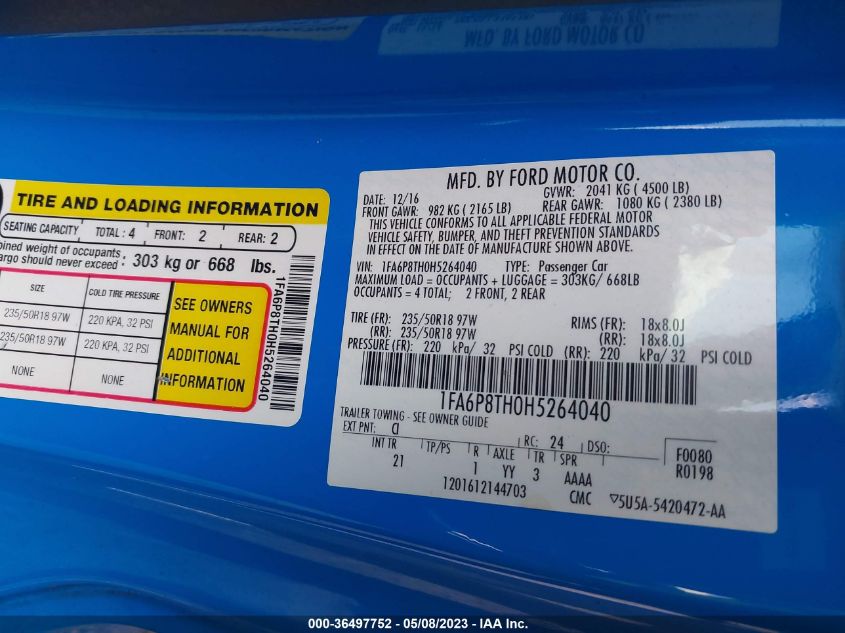 2017 FORD MUSTANG ECOBOOST - 1FA6P8TH0H5264040