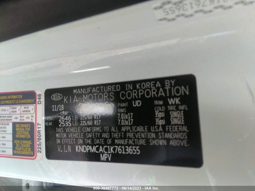VIN KNDPMCAC1K7613655 2019 KIA SPORTAGE LX