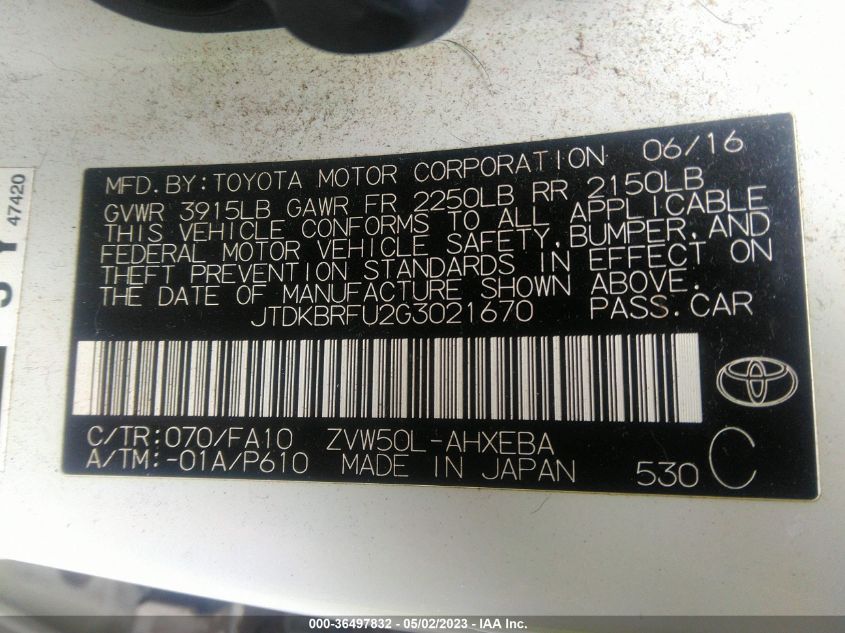 2016 TOYOTA PRIUS TWO - JTDKBRFU2G3021670