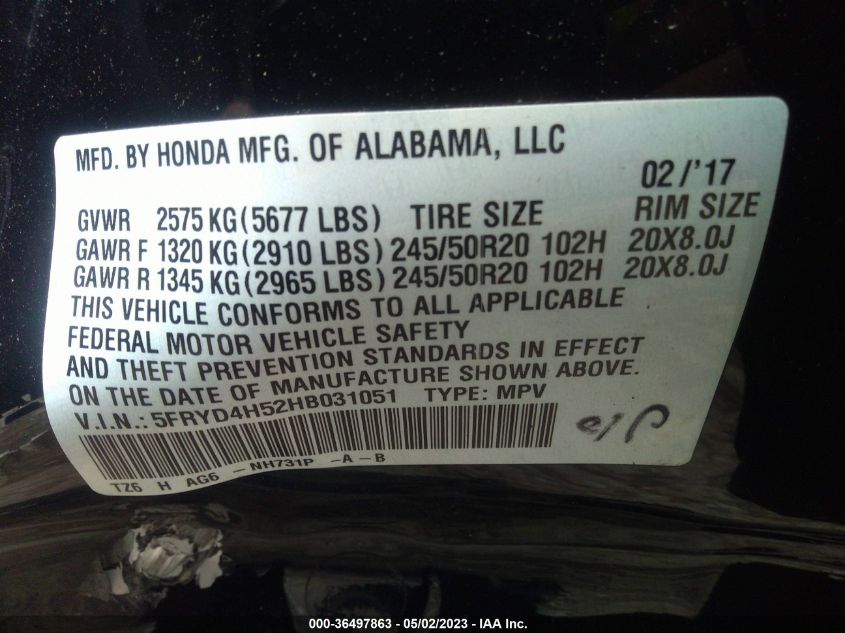 2017 ACURA MDX W/TECHNOLOGY PKG - 5FRYD4H52HB031051