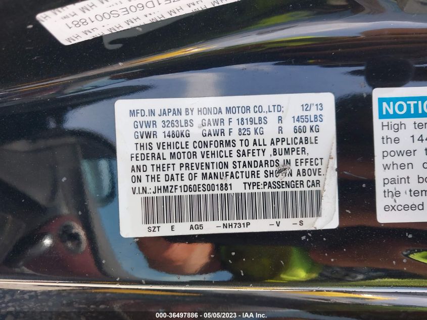 2014 HONDA CR-Z EX JHMZF1D60ES001881