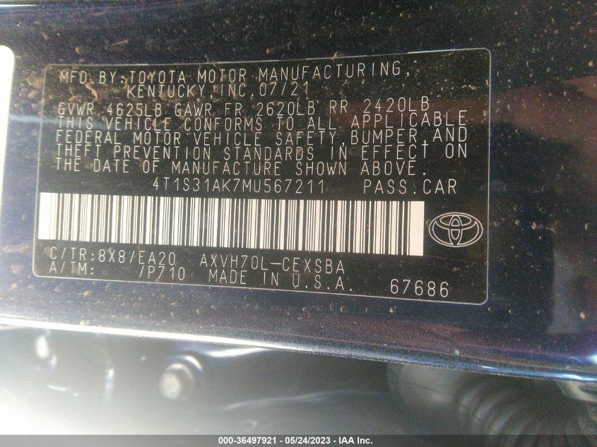 2021 TOYOTA CAMRY HYBRID SE - 4T1S31AK7MU567211