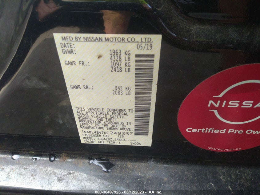 VIN 1N4BL4BV7KC249337 2019 NISSAN ALTIMA 2.5 S