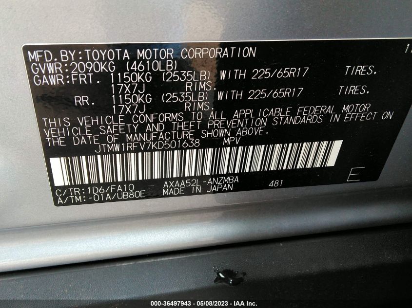 2019 TOYOTA RAV4 XLE - JTMW1RFV7KD501638