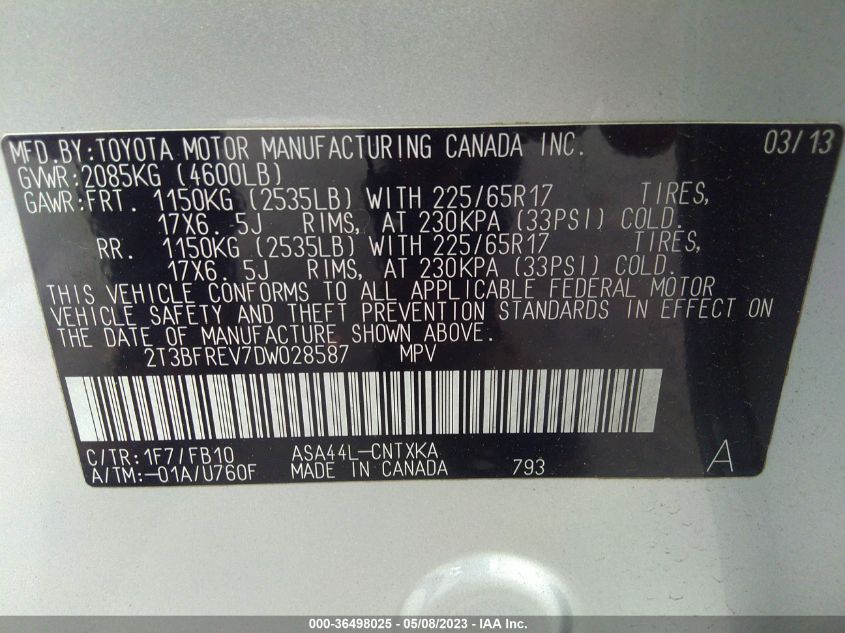 2013 TOYOTA RAV4 LE - 2T3BFREV7DW028587