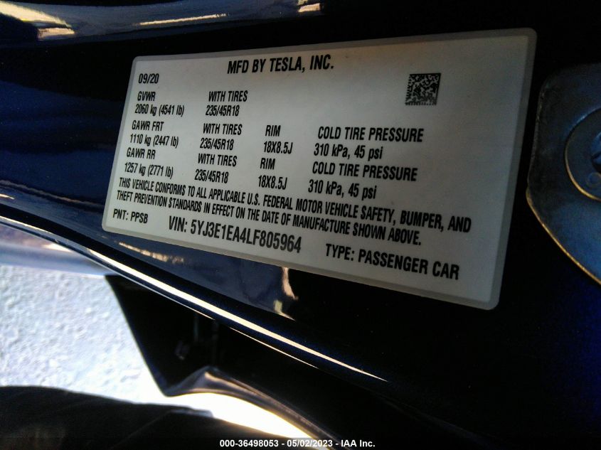 2020 TESLA MODEL 3 STANDARD RANGE - 5YJ3E1EA4LF805964