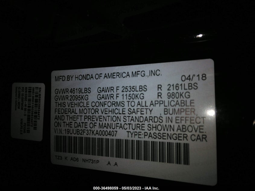 VIN 19UUB2F37KA000407 2019 ACURA TLX
