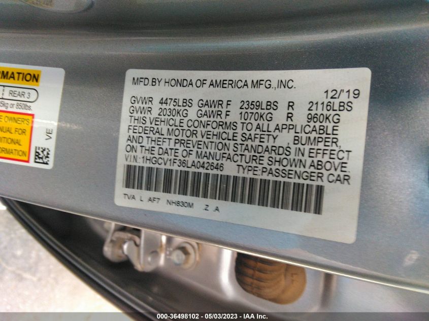 2020 HONDA ACCORD SEDAN SPORT - 1HGCV1F36LA042646