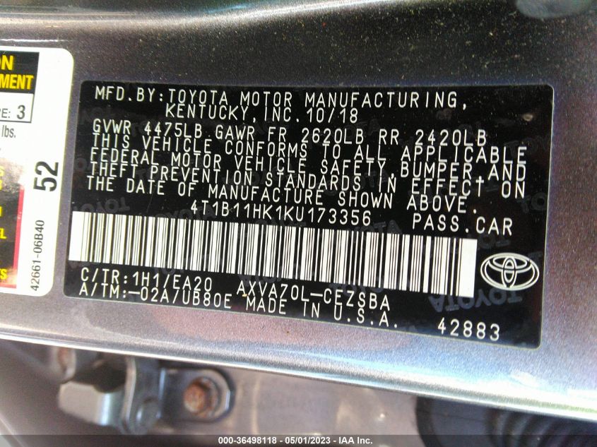 2019 TOYOTA CAMRY SE - 4T1B11HK1KU173356