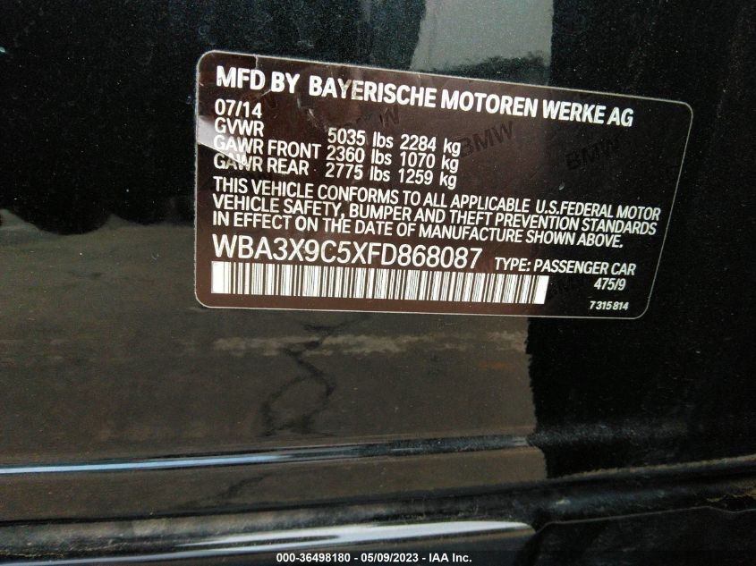 2015 BMW 3 SERIES GRAN TURISMO 335I XDRIVE WBA3X9C5XFD868087