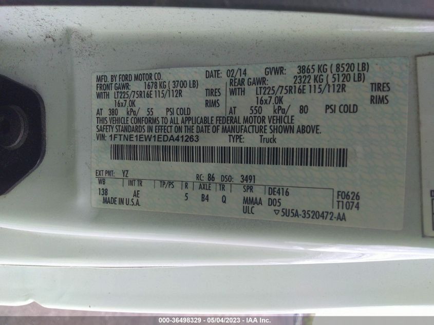 2014 FORD ECONOLINE CARGO VAN COMMERCIAL/RECREATIONAL 1FTNE1EW1EDA41263