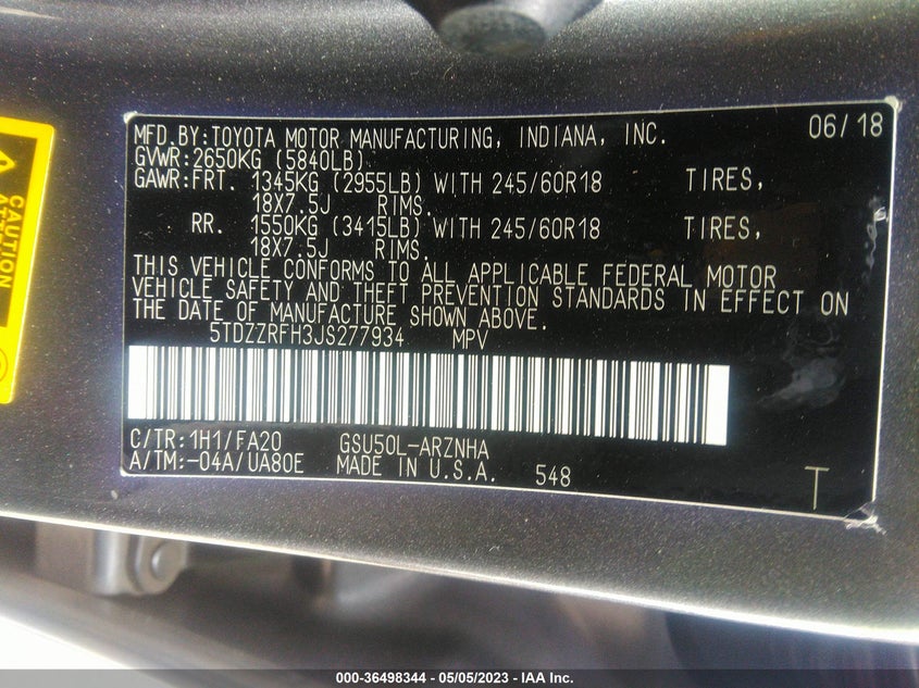 VIN 5TDZZRFH3JS277934 2018 TOYOTA HIGHLANDER LE
