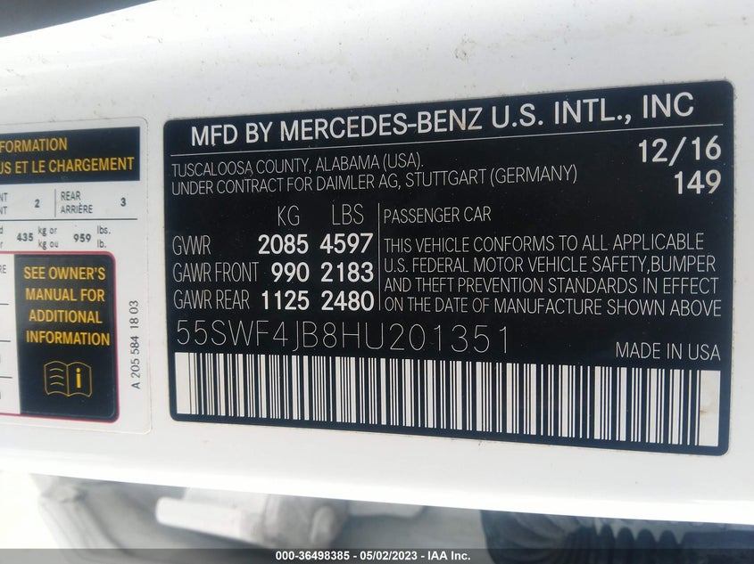VIN 55SWF4JB8HU201351 2017 MERCEDES-BENZ C-CLASS C 300