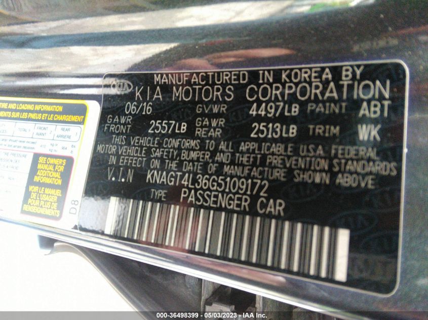 2016 KIA OPTIMA LX - KNAGT4L36G5109172