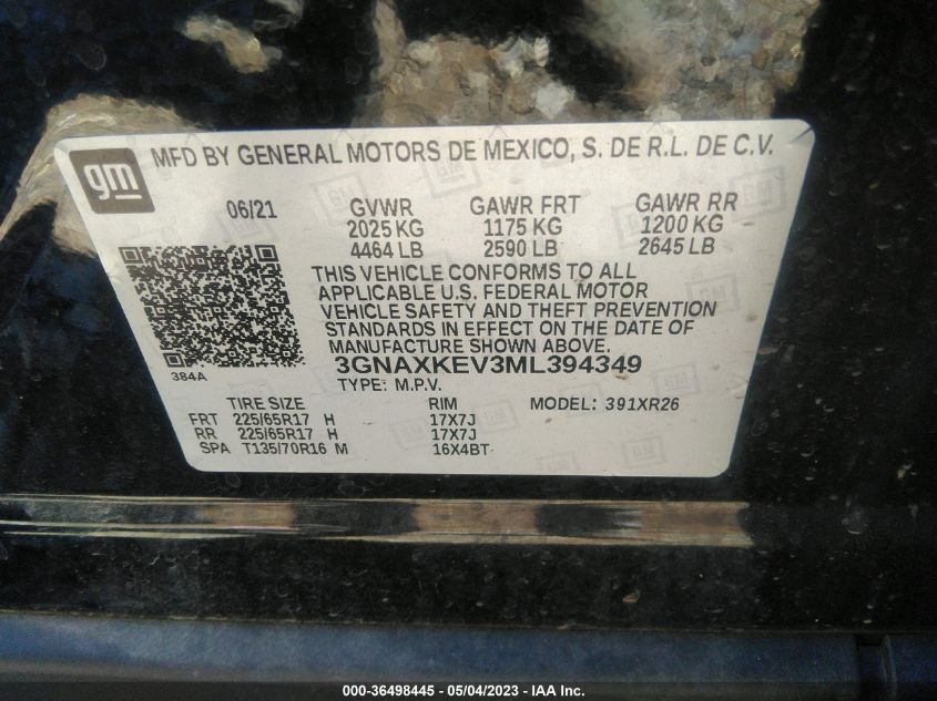 2021 CHEVROLET EQUINOX LT - 3GNAXKEV3ML394349
