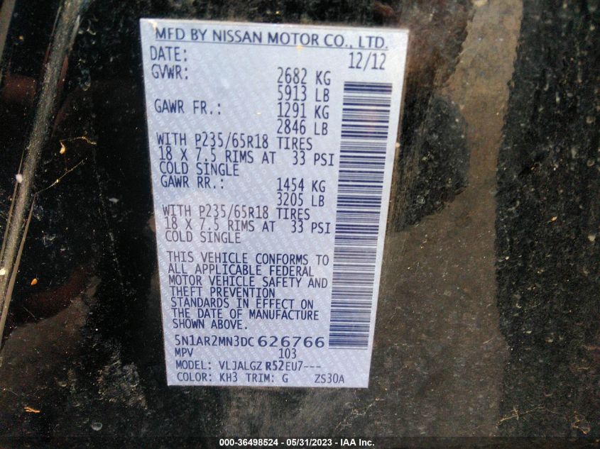 2013 NISSAN PATHFINDER SL - 5N1AR2MN3DC626766