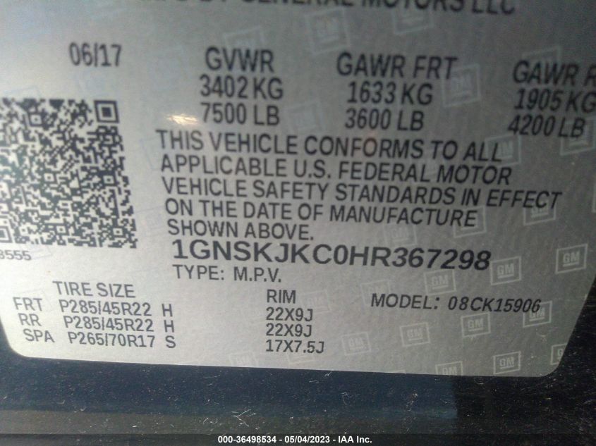 2017 CHEVROLET SUBURBAN PREMIER - 1GNSKJKC0HR367298