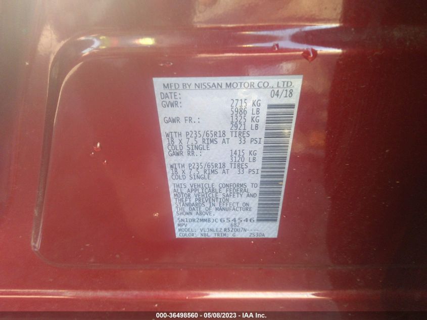 2018 NISSAN PATHFINDER SV - 5N1DR2MM8JC654546