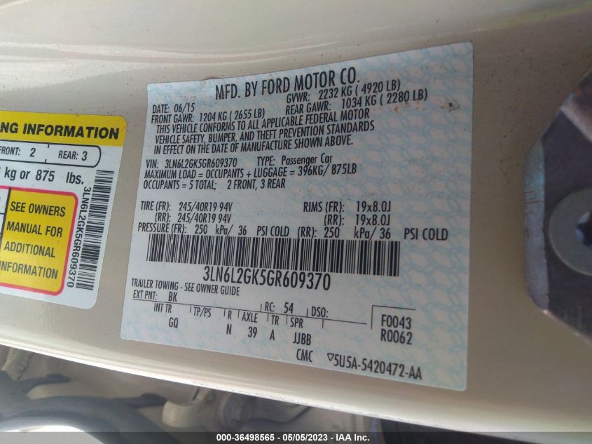 2016 LINCOLN MKZ - 3LN6L2GK5GR609370