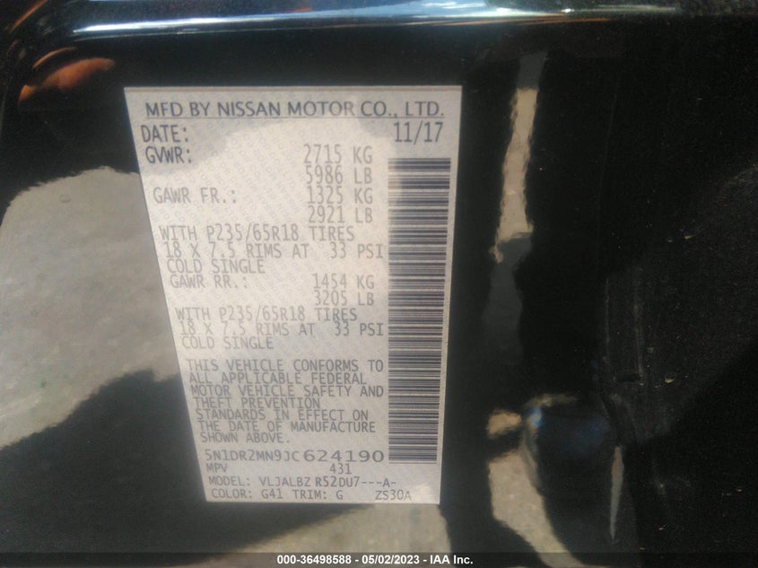 VIN 5N1DR2MN9JC624190 2018 NISSAN PATHFINDER S