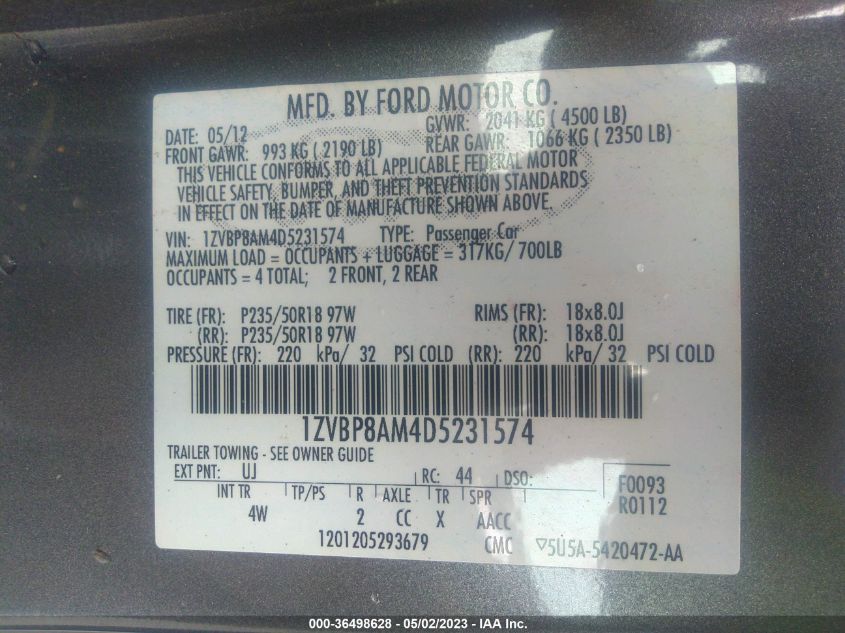 2013 FORD MUSTANG V6 - 1ZVBP8AM4D5231574