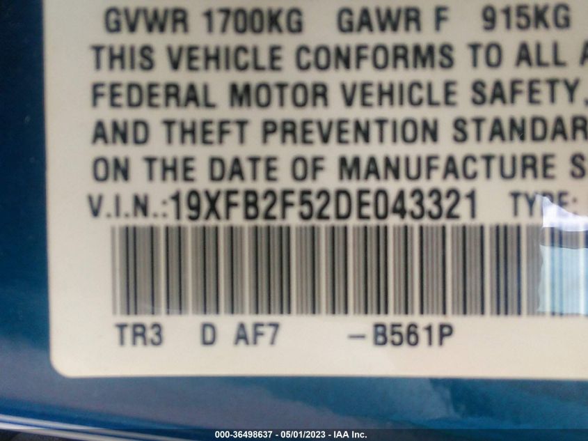 2013 HONDA CIVIC SDN LX - 19XFB2F52DE043321