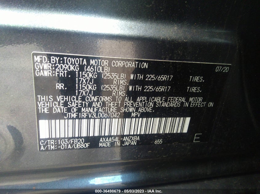 VIN JTMF1RFV3LD067042 2020 TOYOTA RAV4 LE