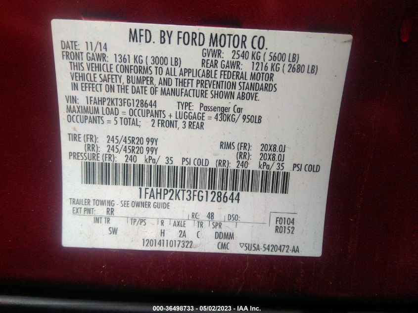 2015 FORD TAURUS SHO - 1FAHP2KT3FG128644