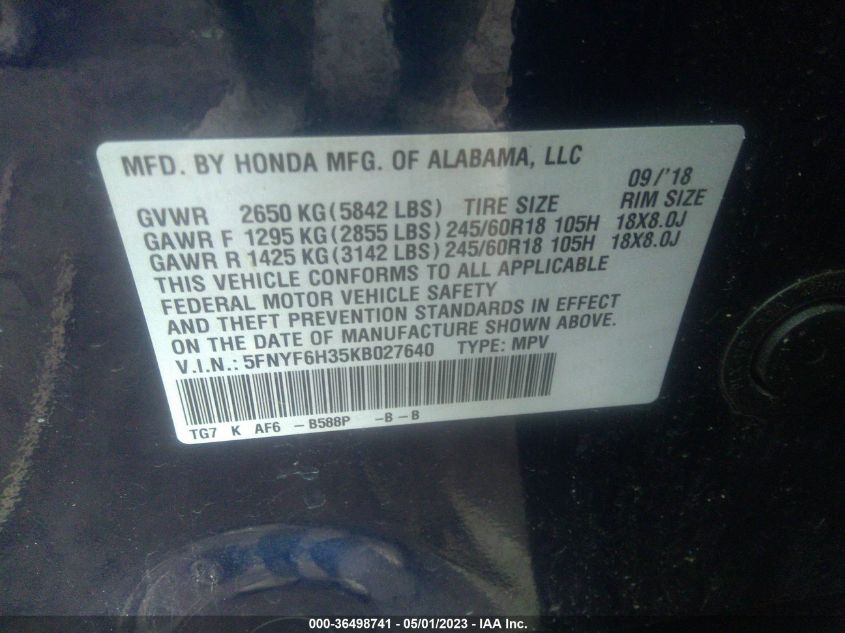 2019 HONDA PILOT EX - 5FNYF6H35KB027640