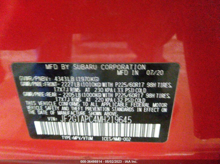 2021 SUBARU CROSSTREK PREMIUM - JF2GTAPC4MH219645