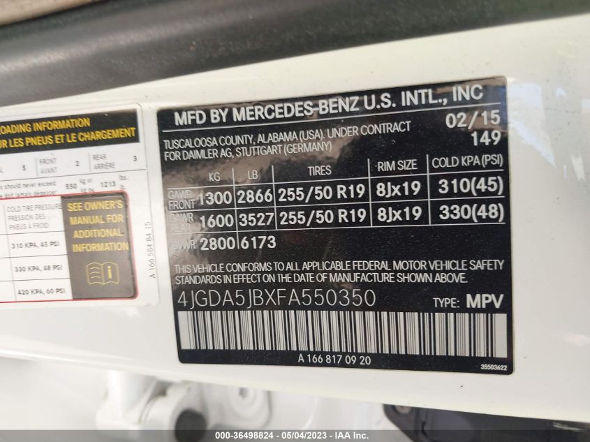 2015 MERCEDES-BENZ M-CLASS ML 350 - 4JGDA5JBXFA550350
