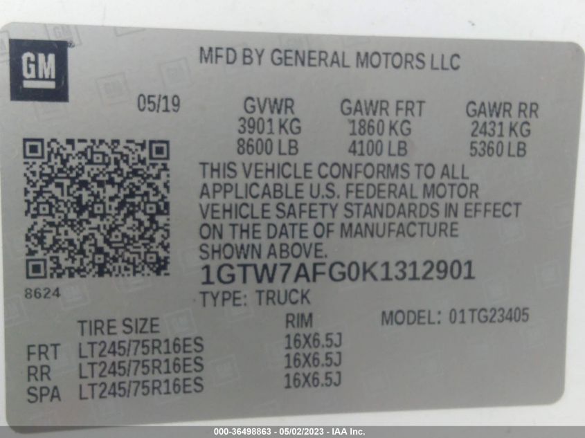 2019 GMC SAVANA CARGO VAN - 1GTW7AFG0K1312901