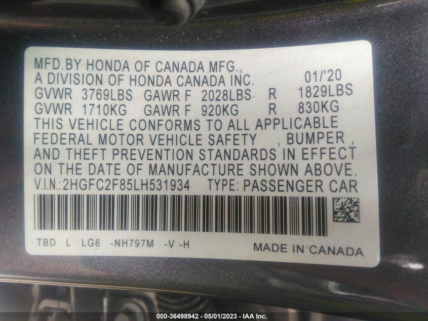 VIN 2HGFC2F85LH531934 2020 HONDA CIVIC SEDAN SPORT