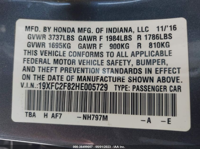 2017 HONDA CIVIC SEDAN EX - 19XFC2F82HE005729