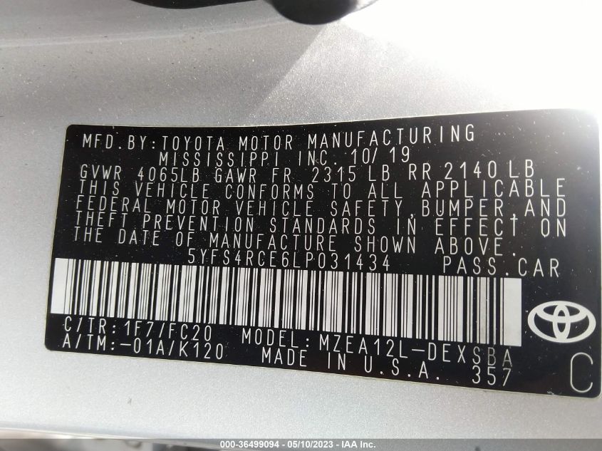 2020 TOYOTA COROLLA SE/NIGHTSHADE - 5YFS4RCE6LP031434
