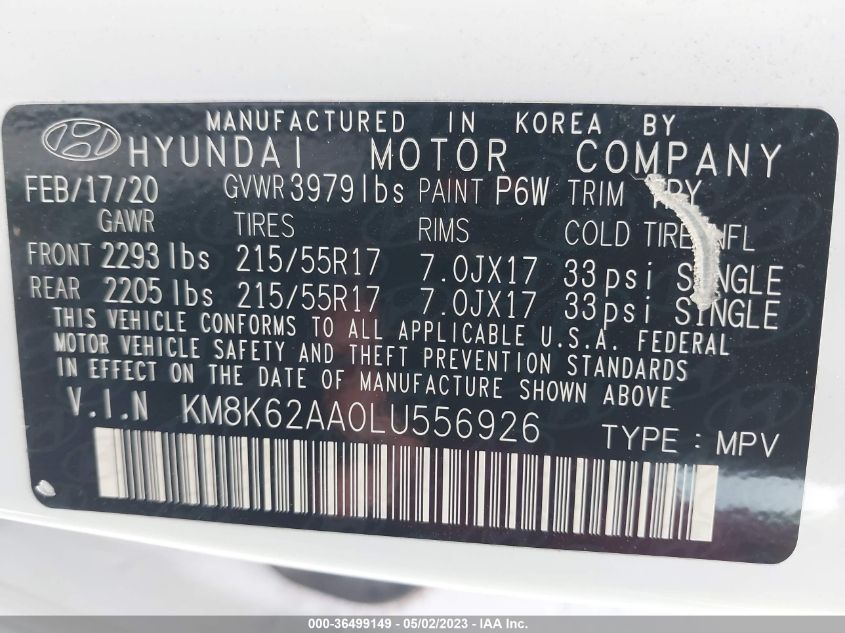 2020 HYUNDAI KONA SEL PLUS - KM8K62AA0LU556926