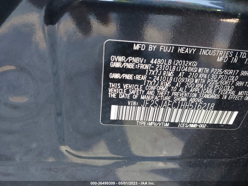 VIN JF2SJAEC1HH516218 2017 SUBARU FORESTER PREMIUM