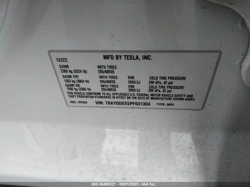VIN 7SAYGDEE5PF631304 2023 TESLA MODEL Y LONG RANGE