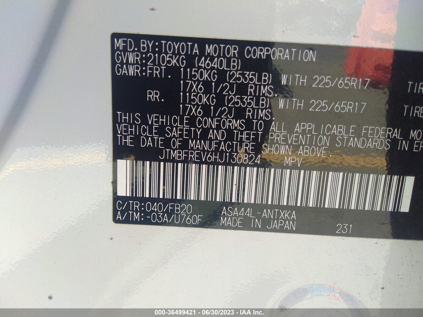 VIN JTMBFREV6HJ130824 2017 TOYOTA RAV4 LE