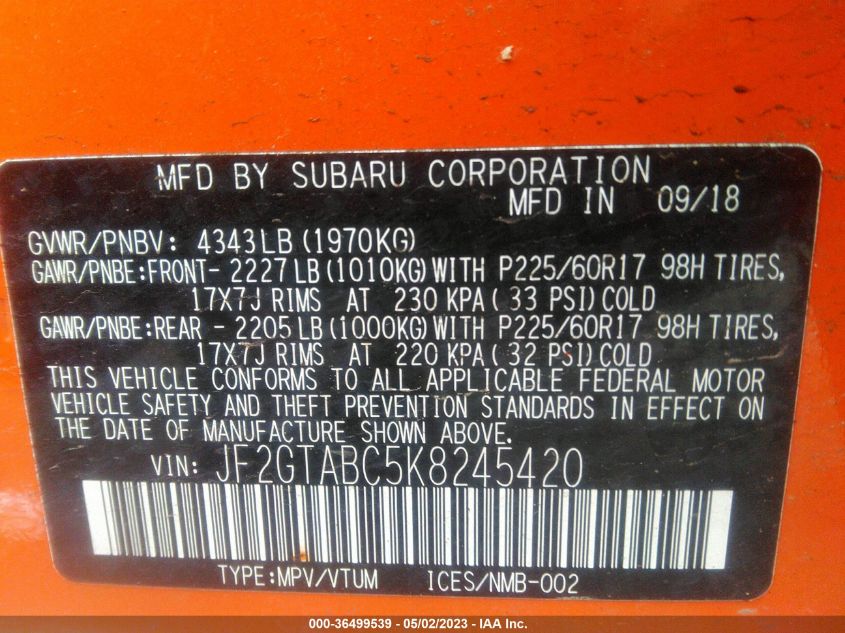 2019 SUBARU CROSSTREK - JF2GTABC5K8245420