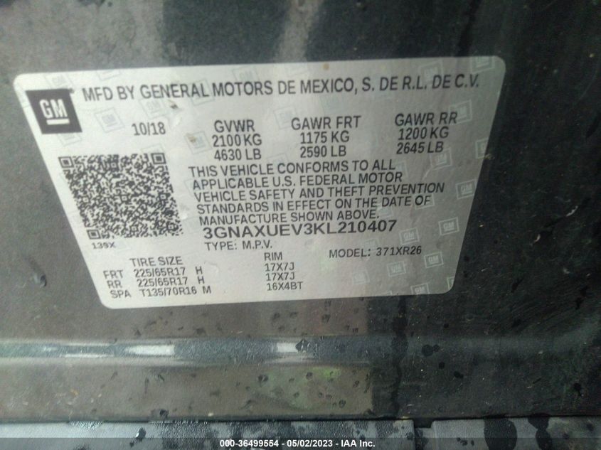 2019 CHEVROLET EQUINOX LT - 3GNAXUEV3KL210407