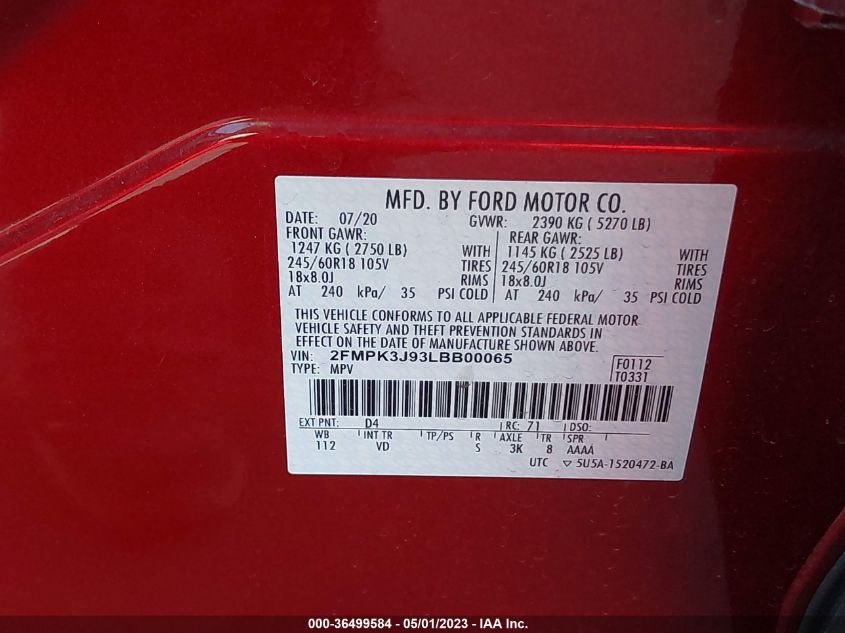 2020 FORD EDGE SEL/ST LINE - 2FMPK3J93LBB00065