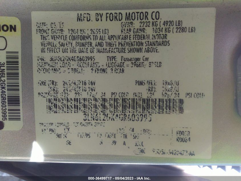 2016 LINCOLN MKZ - 3LN6L2GK4GR603995