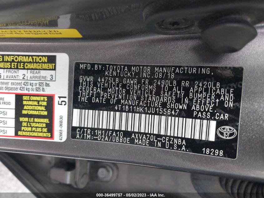 2018 TOYOTA CAMRY LE/SE/XLE/L - 4T1B11HK1JU155647