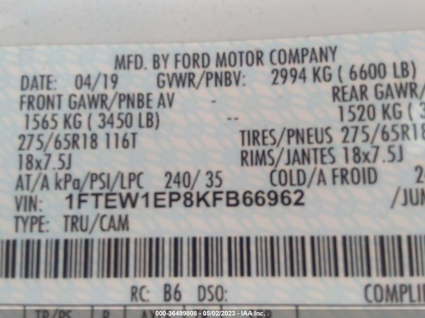 2019 FORD F-150 LARIAT - 1FTEW1EP8KFB66962